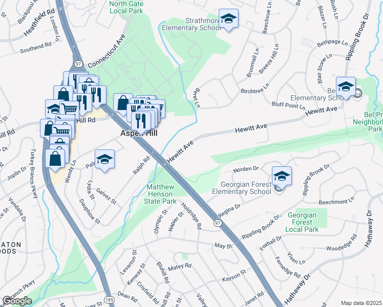map of restaurants, bars, coffee shops, grocery stores, and more near 3410 Hewitt Avenue in Aspen Hill