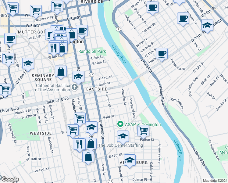 map of restaurants, bars, coffee shops, grocery stores, and more near 323 Trevor Street in Covington