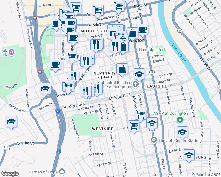 map of restaurants, bars, coffee shops, grocery stores, and more near 115 West 11th Street in Covington