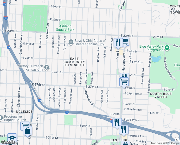 map of restaurants, bars, coffee shops, grocery stores, and more near 2601 Poplar Avenue in Kansas City