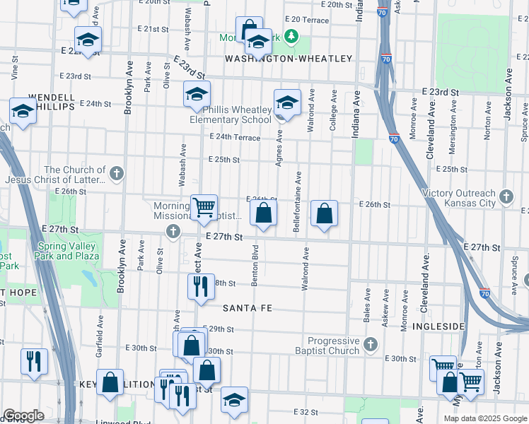 map of restaurants, bars, coffee shops, grocery stores, and more near 2618 Agnes Avenue in Kansas City