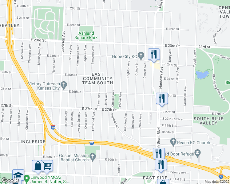 map of restaurants, bars, coffee shops, grocery stores, and more near 2555 Chelsea Avenue in Kansas City