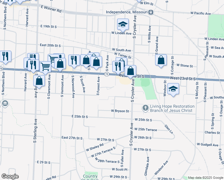 map of restaurants, bars, coffee shops, grocery stores, and more near 1501 West 23 Terrace South in Independence