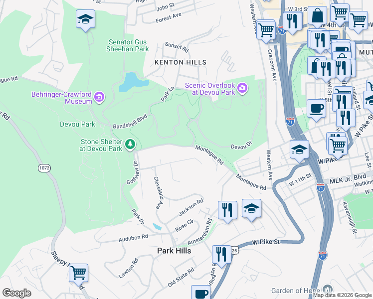 map of restaurants, bars, coffee shops, grocery stores, and more near 1051 Montague Road in Park Hills
