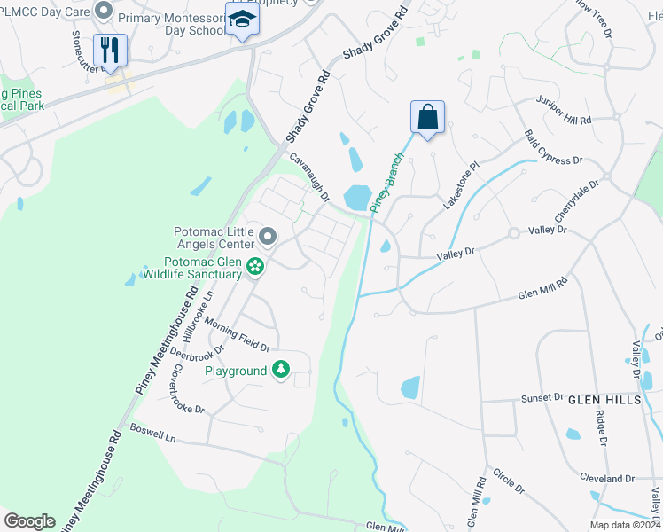 map of restaurants, bars, coffee shops, grocery stores, and more near 13506 Flowerfield Drive in Potomac