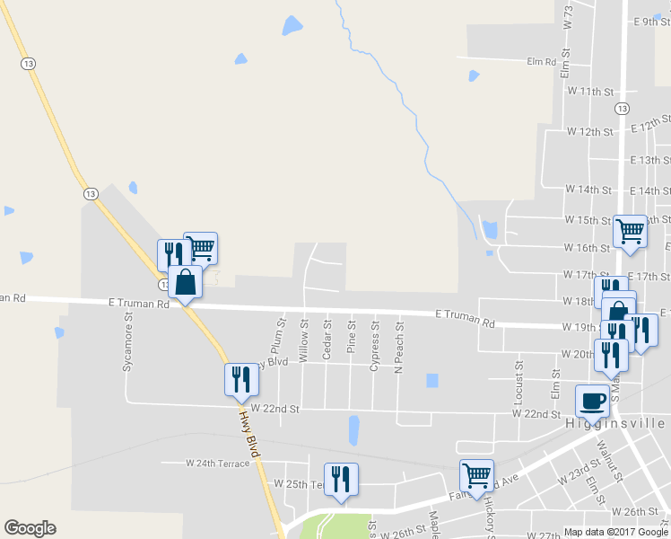 map of restaurants, bars, coffee shops, grocery stores, and more near 843 Willow Creek Lane in Higginsville