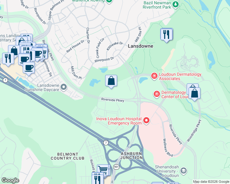map of restaurants, bars, coffee shops, grocery stores, and more near 19460 Golf Vista Plaza in Leesburg