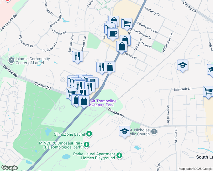 map of restaurants, bars, coffee shops, grocery stores, and more near 13621 Baltimore Avenue in Laurel