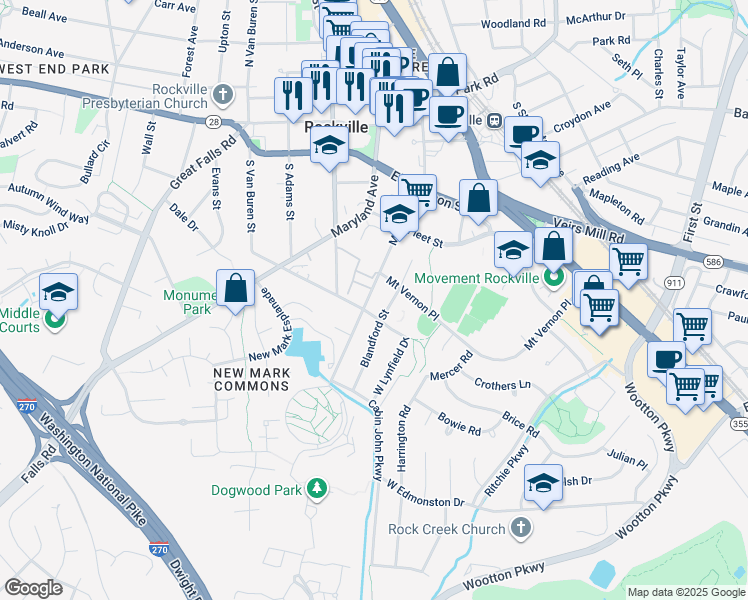 map of restaurants, bars, coffee shops, grocery stores, and more near 508 Monroe Street in Rockville