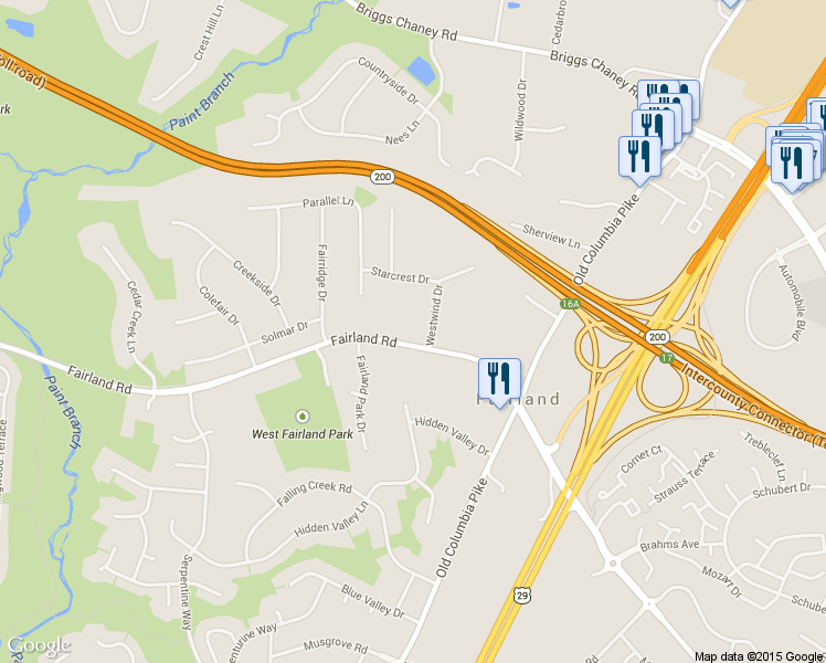 map of restaurants, bars, coffee shops, grocery stores, and more near 2326 Fairland Road in Silver Spring