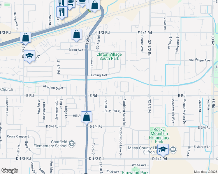map of restaurants, bars, coffee shops, grocery stores, and more near 3216 E Road in Clifton