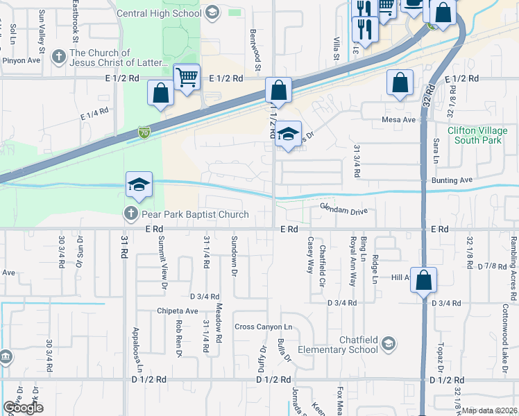 map of restaurants, bars, coffee shops, grocery stores, and more near Bevill Avenue in Grand Junction
