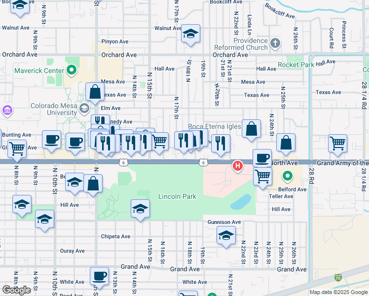 map of restaurants, bars, coffee shops, grocery stores, and more near 1730 North Avenue in Grand Junction