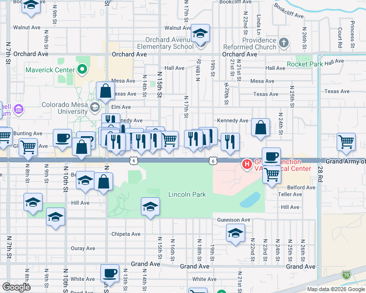 map of restaurants, bars, coffee shops, grocery stores, and more near in Grand Junction