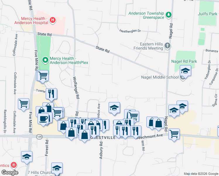 map of restaurants, bars, coffee shops, grocery stores, and more near 1472 Grand Oaks Drive in Cincinnati