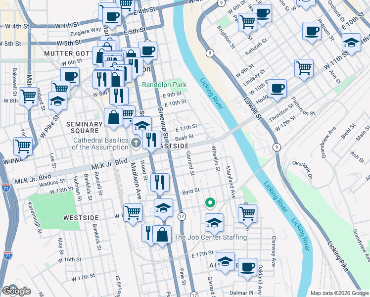 map of restaurants, bars, coffee shops, grocery stores, and more near 1211 Garrard Street in Covington