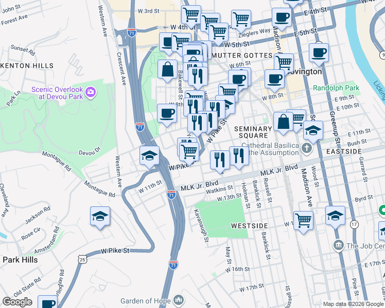 map of restaurants, bars, coffee shops, grocery stores, and more near 1877 West Pike Street in Covington