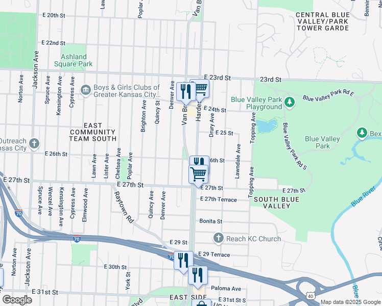 map of restaurants, bars, coffee shops, grocery stores, and more near 2600 Van Brunt Boulevard in Kansas City