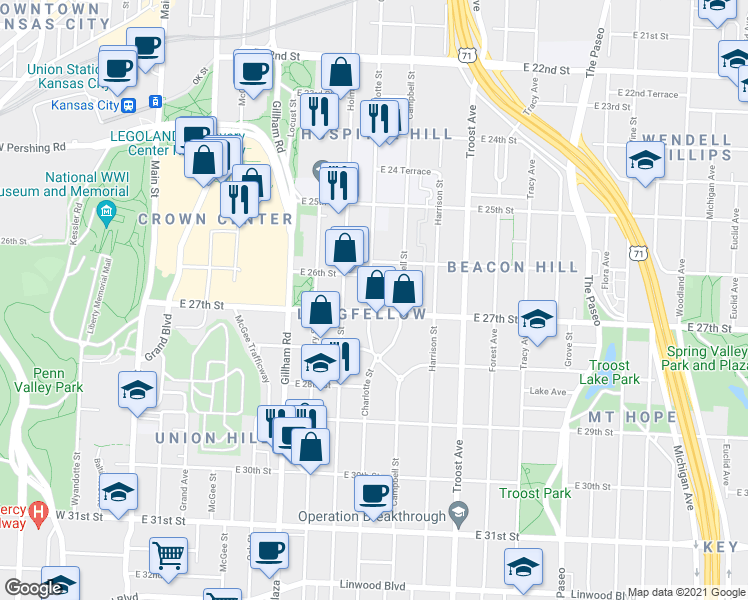 map of restaurants, bars, coffee shops, grocery stores, and more near 2641 Charlotte Street in Kansas City