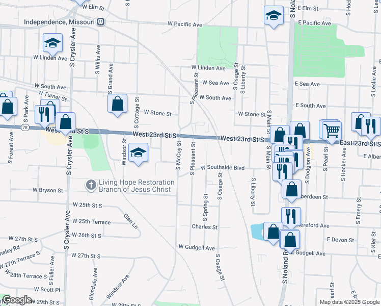 map of restaurants, bars, coffee shops, grocery stores, and more near 1228 South Pleasant Street in Independence