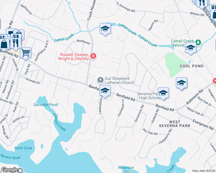 map of restaurants, bars, coffee shops, grocery stores, and more near 322 Benfield Rd in Severna Park