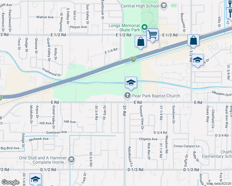 map of restaurants, bars, coffee shops, grocery stores, and more near 3098 E Road in Grand Junction