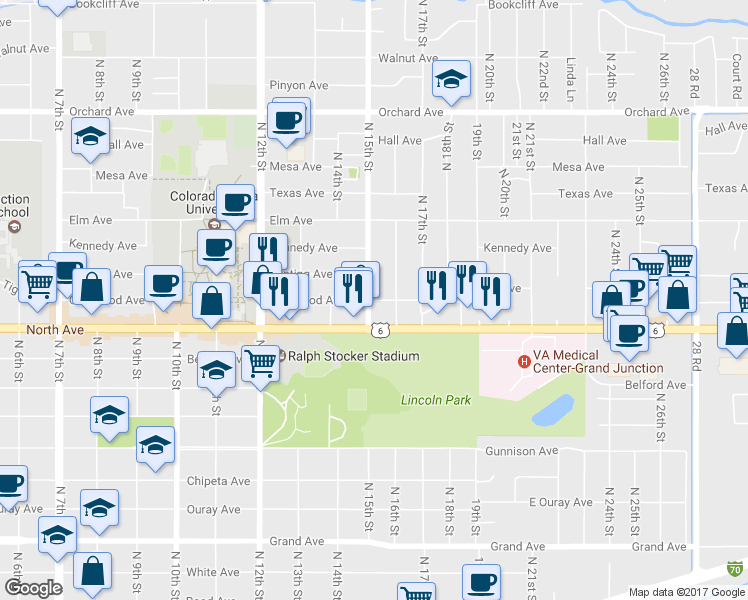 map of restaurants, bars, coffee shops, grocery stores, and more near 1510 Glenwood Avenue in Grand Junction