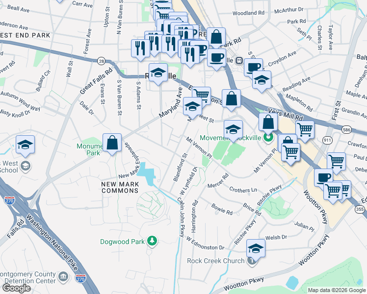 map of restaurants, bars, coffee shops, grocery stores, and more near 600 Mount Vernon Place in Rockville
