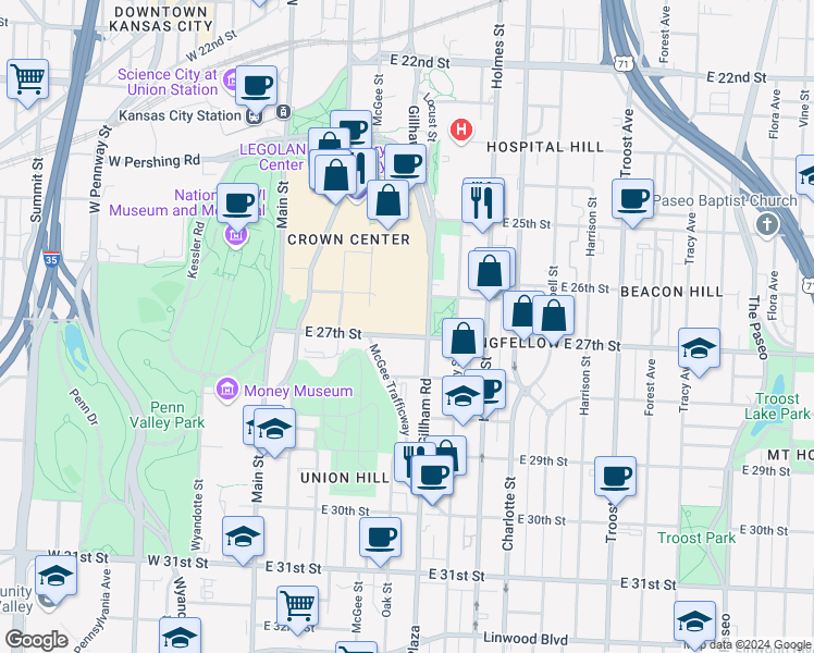 map of restaurants, bars, coffee shops, grocery stores, and more near 2615 McGee Trafficway in Kansas City
