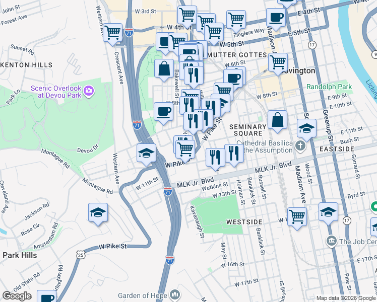 map of restaurants, bars, coffee shops, grocery stores, and more near 1877 West Pike Street in Covington