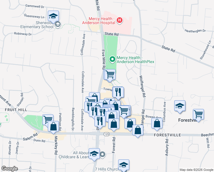 map of restaurants, bars, coffee shops, grocery stores, and more near 7832 Five Mile Road in Cincinnati