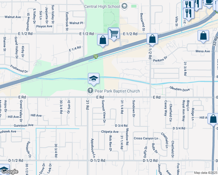 map of restaurants, bars, coffee shops, grocery stores, and more near 3116 East Road in Grand Junction