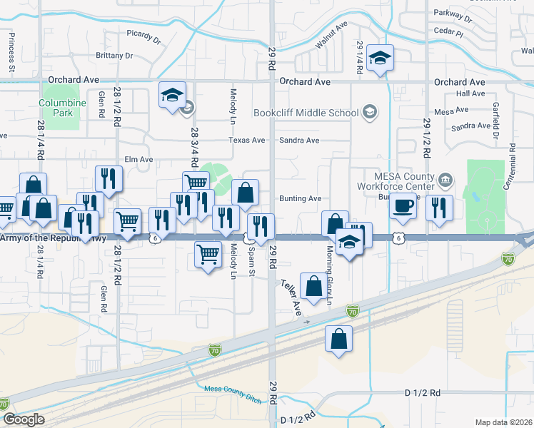 map of restaurants, bars, coffee shops, grocery stores, and more near 2894 North Avenue in Grand Junction