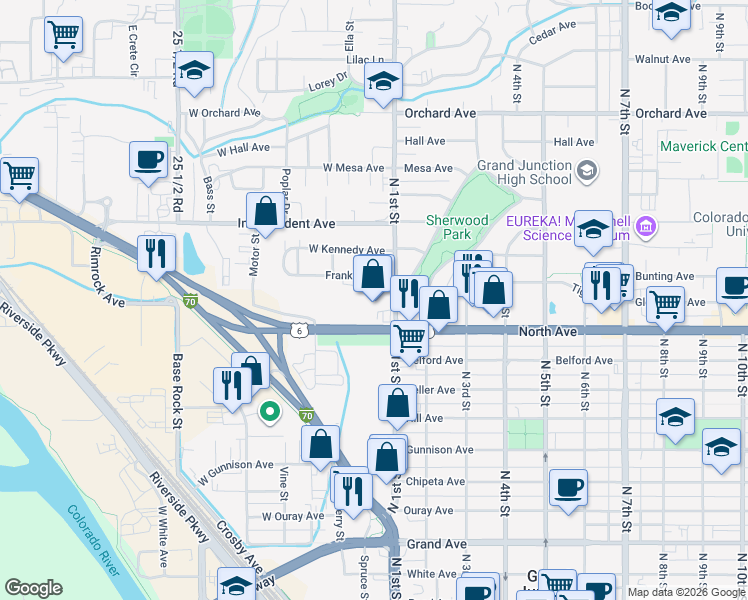 map of restaurants, bars, coffee shops, grocery stores, and more near 1105 North 1st Street in Grand Junction