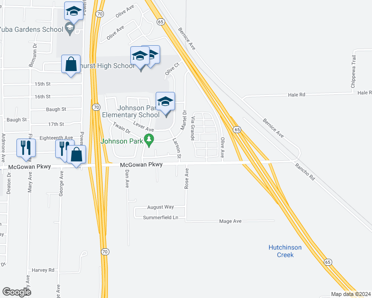 map of restaurants, bars, coffee shops, grocery stores, and more near 4274 Larson Street in Olivehurst