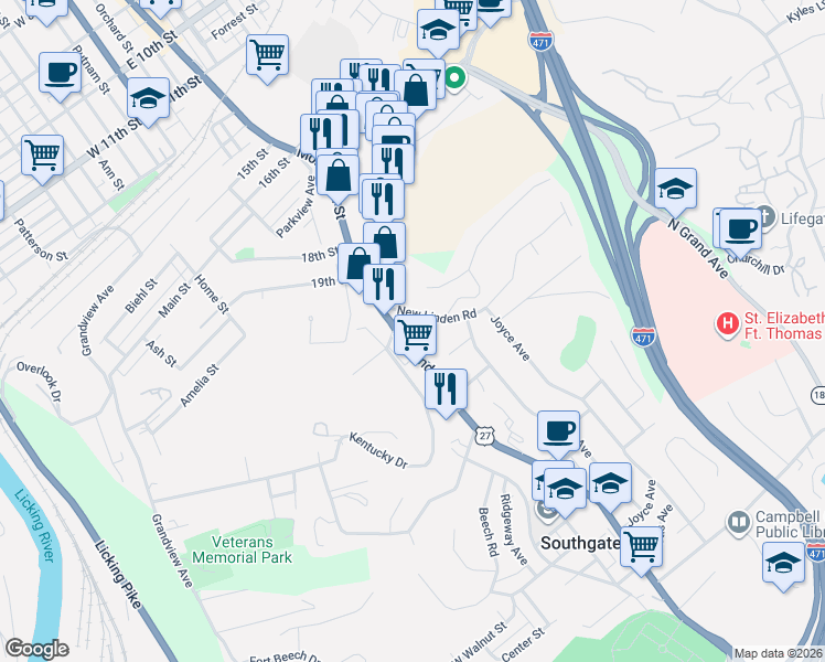 map of restaurants, bars, coffee shops, grocery stores, and more near 2100 Monmouth Street in Newport