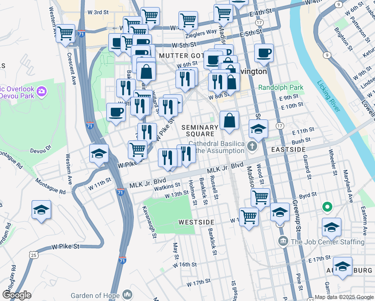 map of restaurants, bars, coffee shops, grocery stores, and more near 1110 Locust Street in Covington