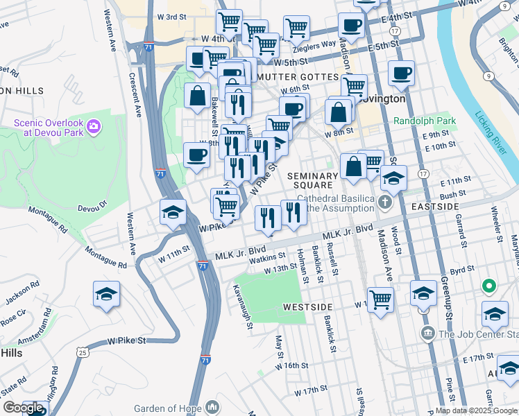 map of restaurants, bars, coffee shops, grocery stores, and more near 1035 Lee Street in Covington