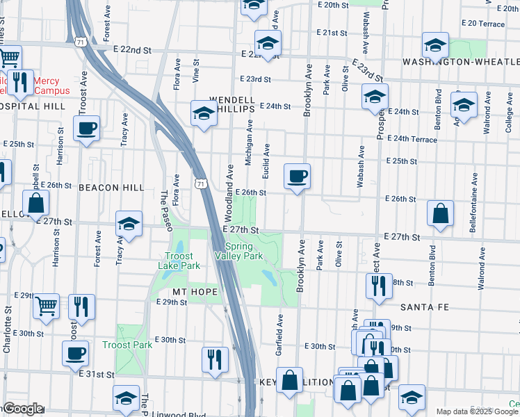 map of restaurants, bars, coffee shops, grocery stores, and more near 2630 Euclid Avenue in Kansas City