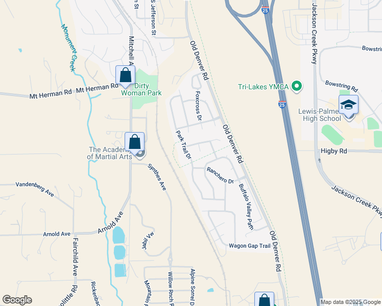 map of restaurants, bars, coffee shops, grocery stores, and more near 17021 Park Trail Drive in Monument