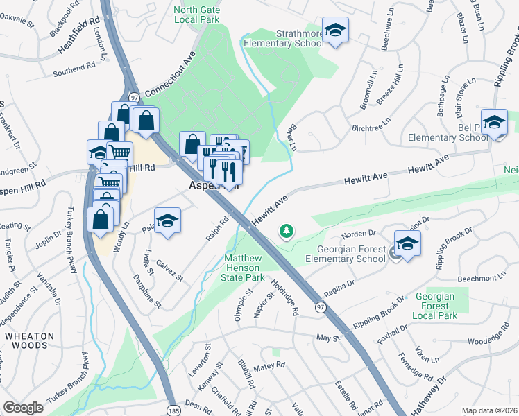 map of restaurants, bars, coffee shops, grocery stores, and more near 13501 Georgia Avenue in Silver Spring
