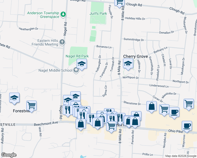 map of restaurants, bars, coffee shops, grocery stores, and more near 8247 Northport Drive in Cincinnati