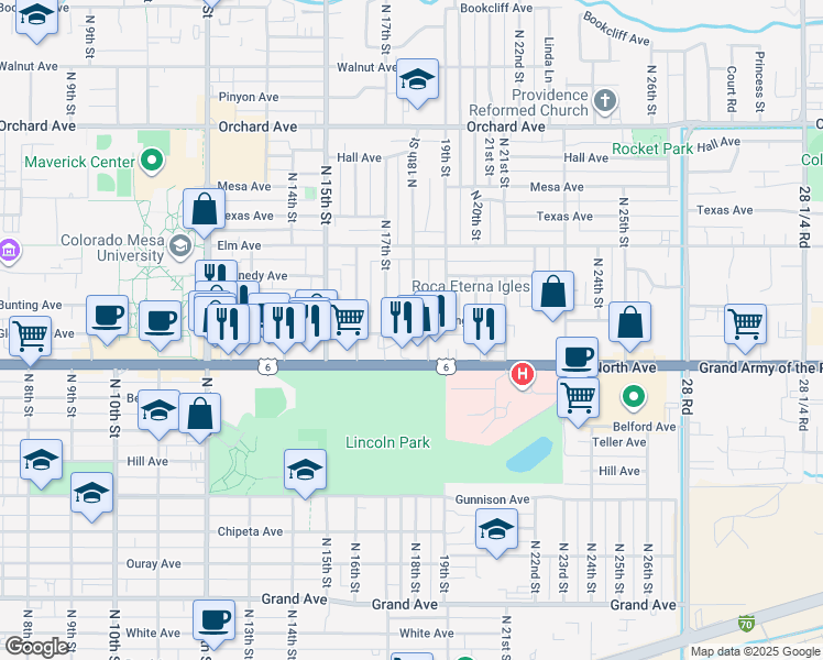 map of restaurants, bars, coffee shops, grocery stores, and more near 1755 Glenwood Avenue in Grand Junction