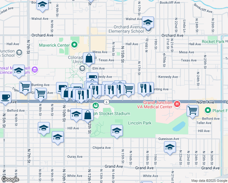 map of restaurants, bars, coffee shops, grocery stores, and more near 1412 Glenwood Avenue in Grand Junction