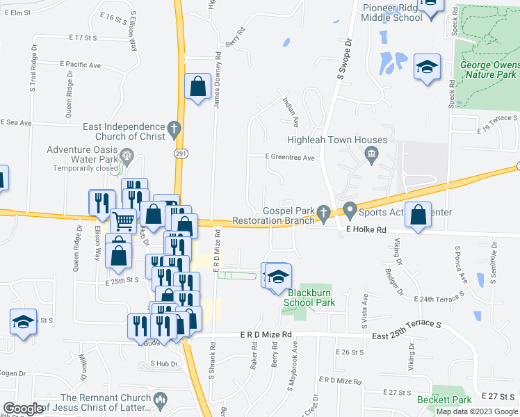 map of restaurants, bars, coffee shops, grocery stores, and more near 17800 Aqueduct Drive in Independence
