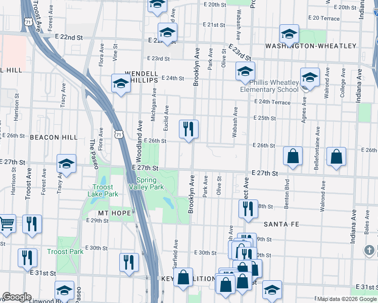 map of restaurants, bars, coffee shops, grocery stores, and more near 2631 Brooklyn Avenue in Kansas City