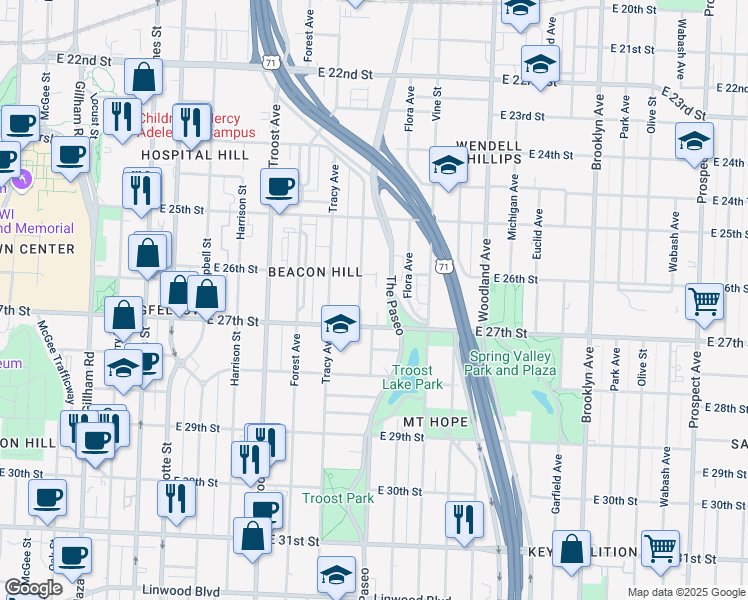 map of restaurants, bars, coffee shops, grocery stores, and more near 2625 West Paseo Boulevard in Kansas City