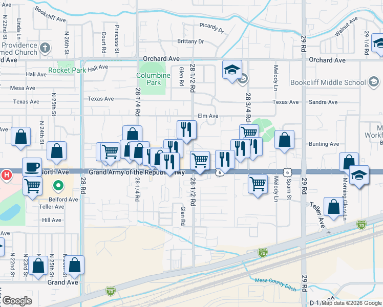 map of restaurants, bars, coffee shops, grocery stores, and more near 501-509 28 1/2 Rd in Grand Junction