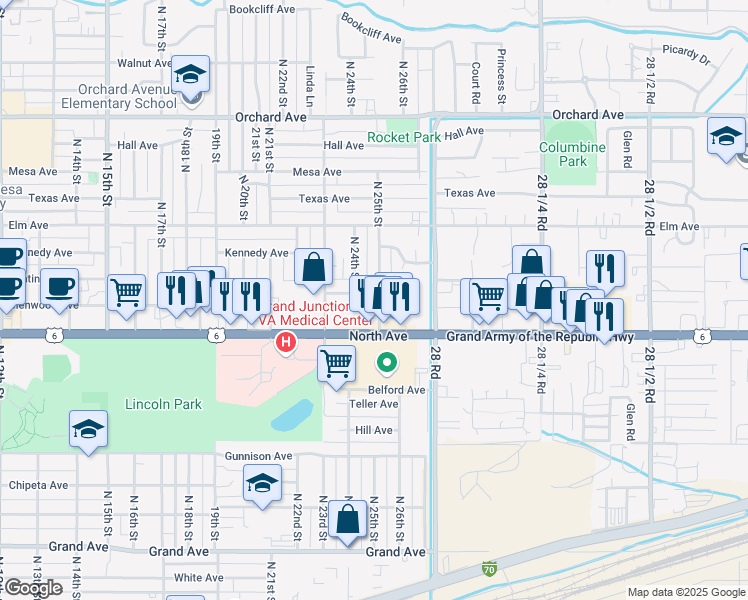map of restaurants, bars, coffee shops, grocery stores, and more near 2400 North Avenue in Grand Junction