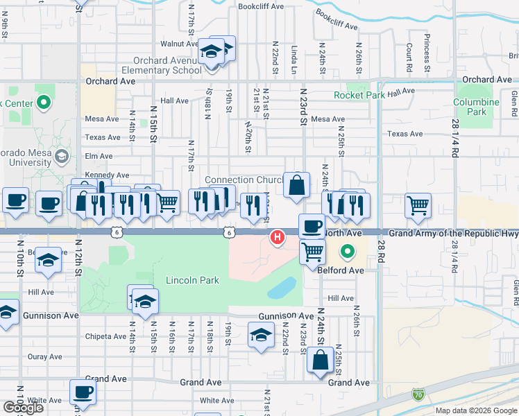 map of restaurants, bars, coffee shops, grocery stores, and more near 2010 North Avenue in Grand Junction
